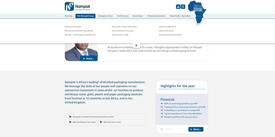 Nampak Integrated Report 2014 | Nampak dropdown menu in action